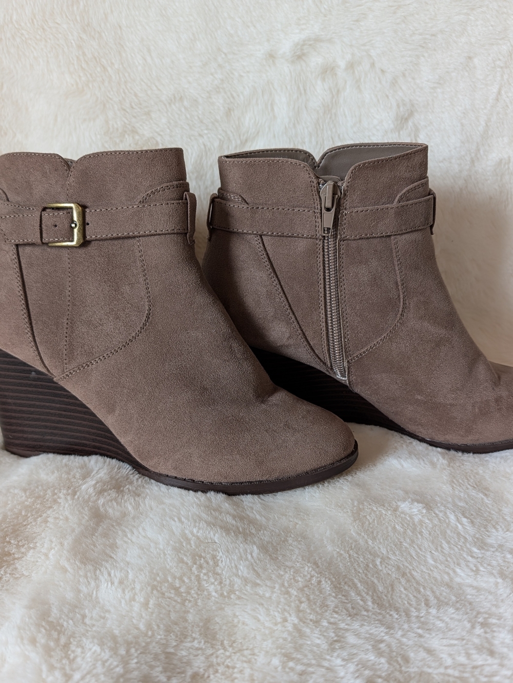 Market & Spruce Taupe Suede Wedge Ankle Booties with Buckle Detail